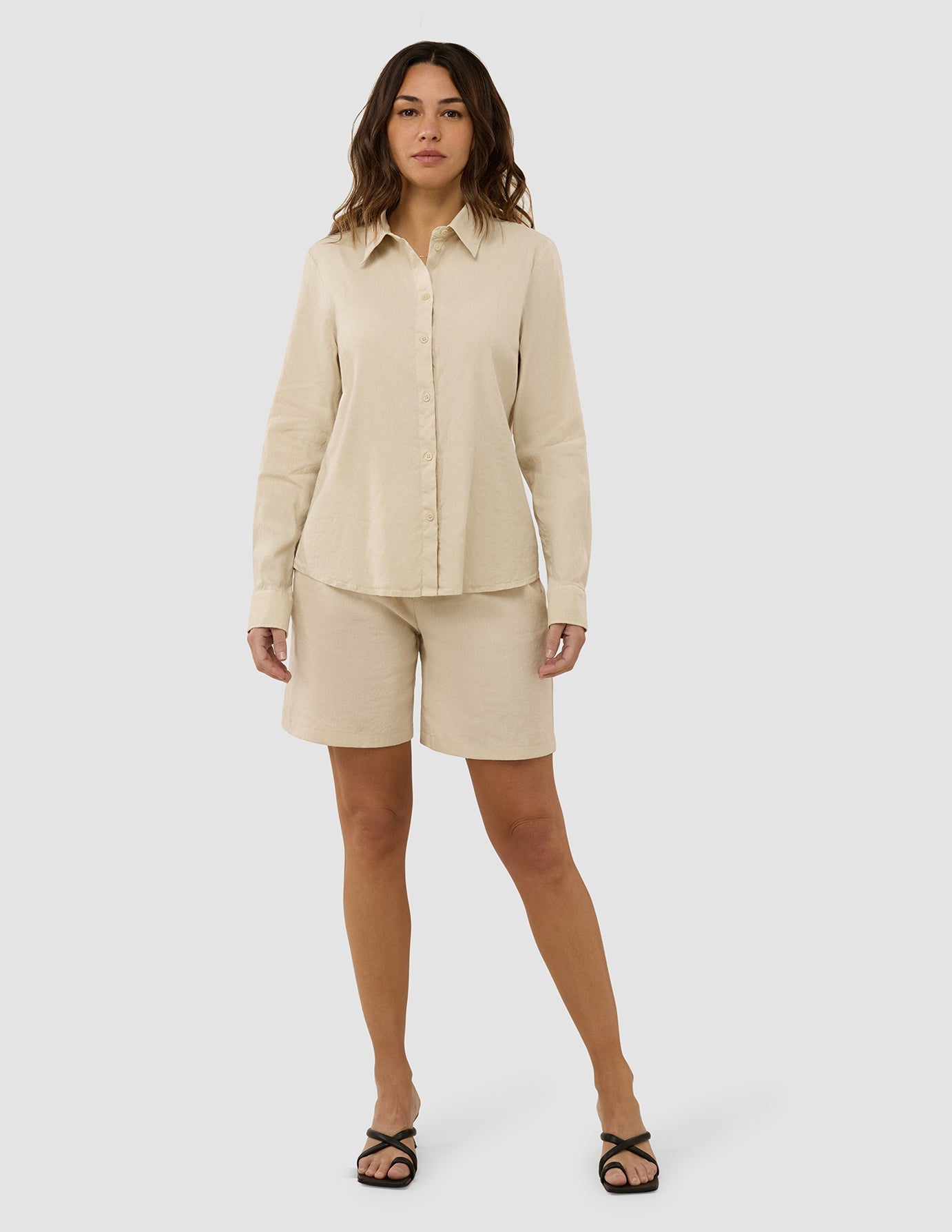 Linen Set Sandy Beige Long Sleeved Shirt & Relaxed Shorts